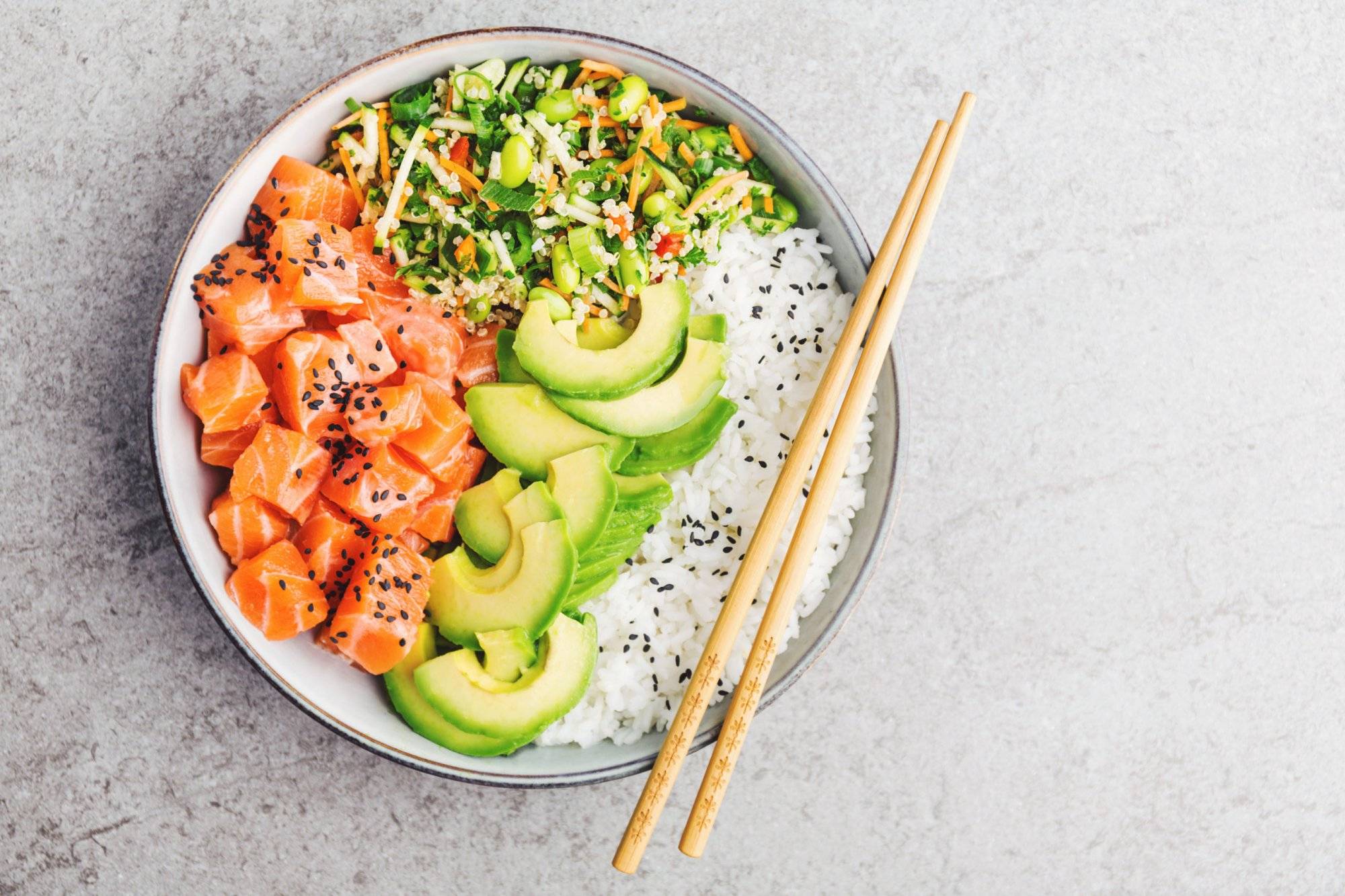 Poke bowl with salmon served in bowl Poke bowl with salmon served in bowl